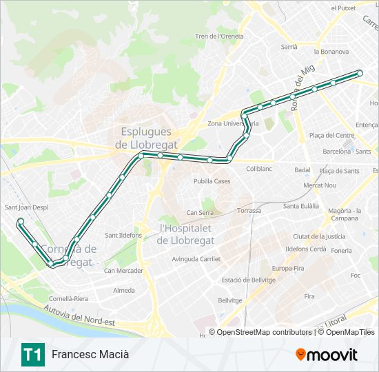 Mapa de T1 de tranvía