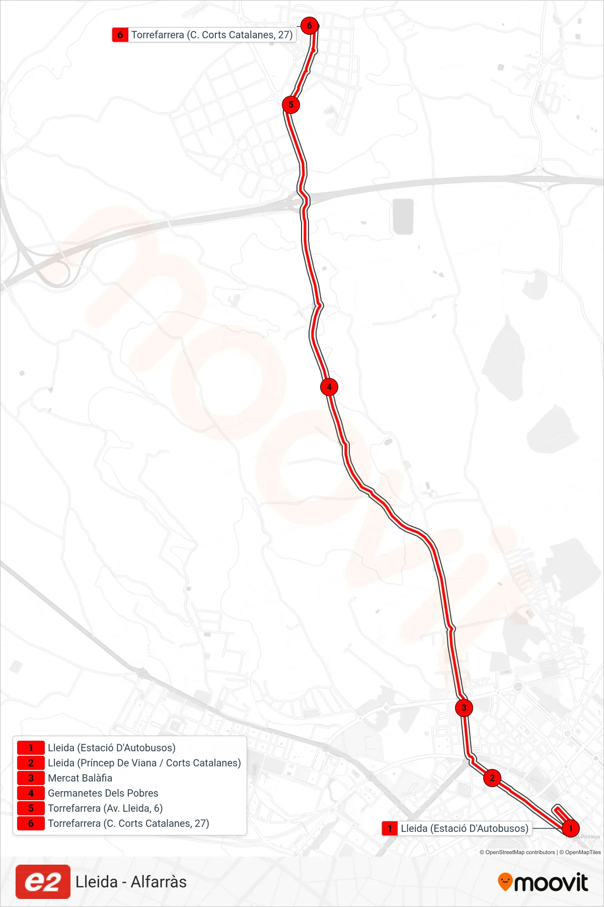 Ruta i parades de la línia E2 bus (Torrefarrera (C. Corts Catalanes, 27)) en un mapa