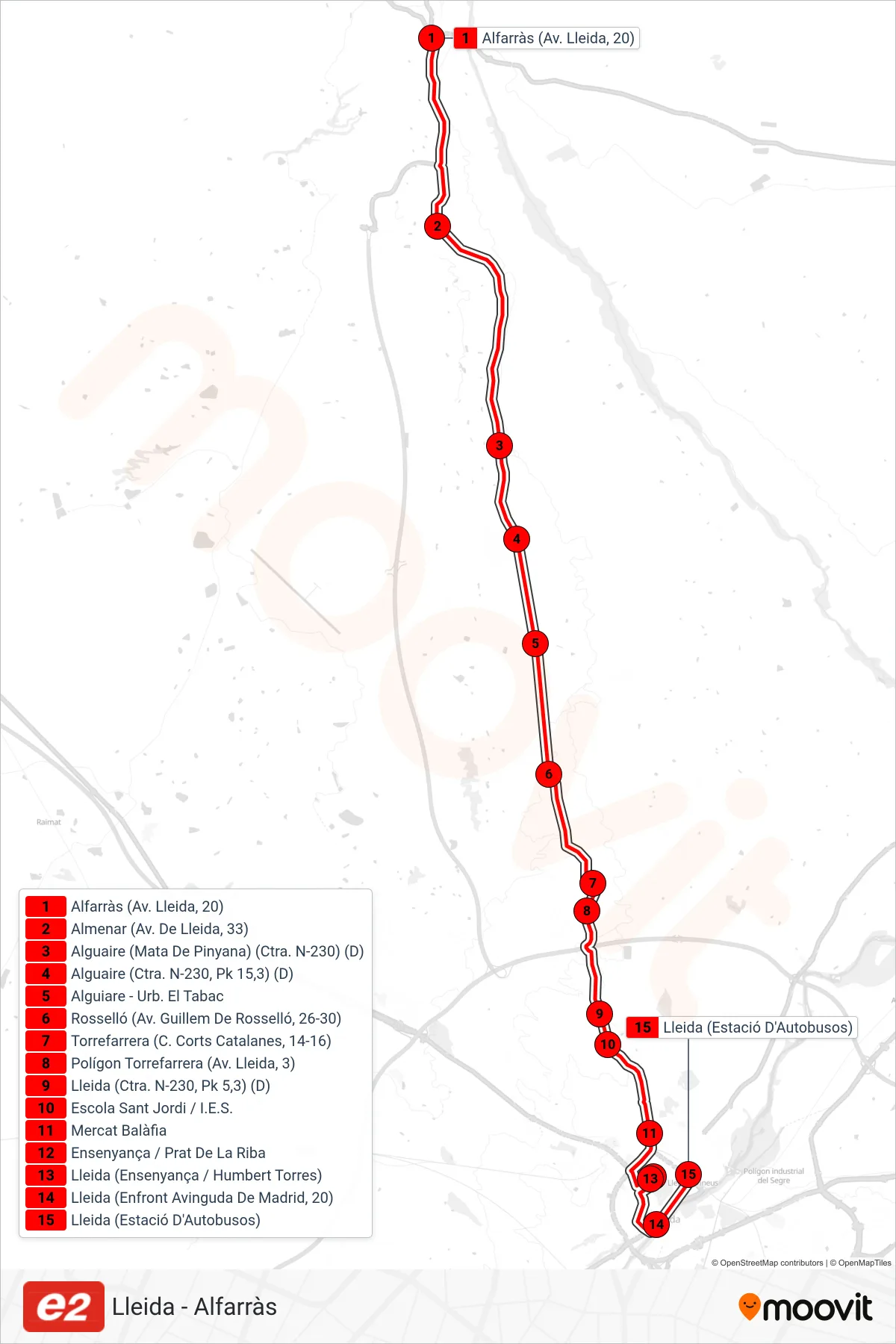 E2 bus Line (Estació D'Autobusos De Lleida) route and stops on a map
