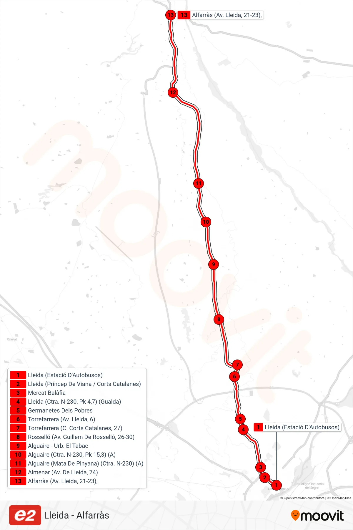 Ruta i parades de la línia E2 bus (Alfarràs (Av. Lleida, 19-21)) en un mapa