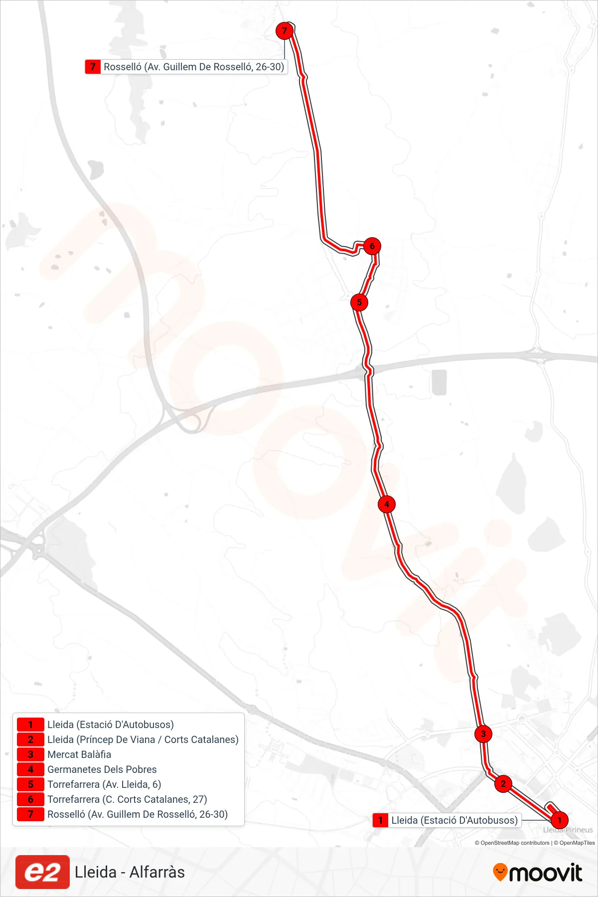 Recorrido y paradas de la línea E2 de autobús (Rosselló (Av. Guillem De Rosselló, 26-30)) en el mapa