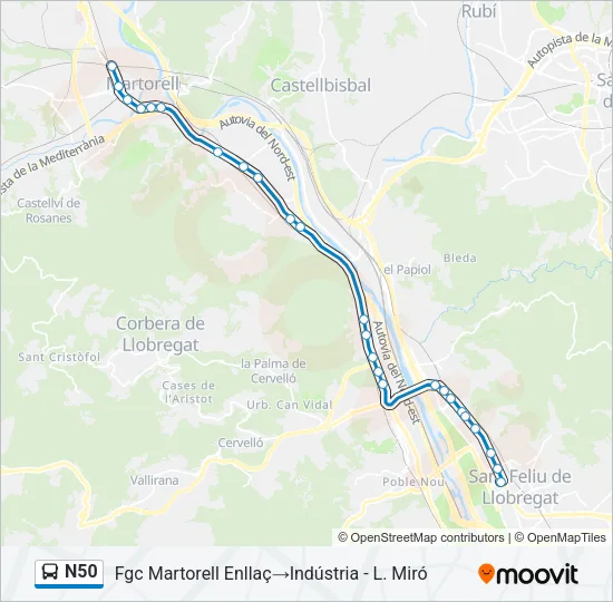 N50 Bus Line Map