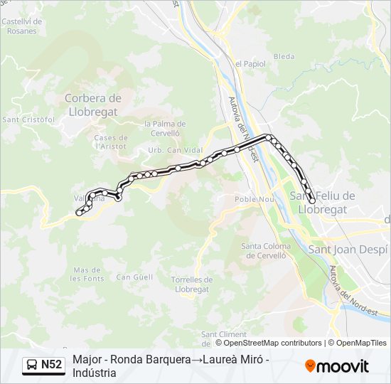 Mapa de N52 de autobús