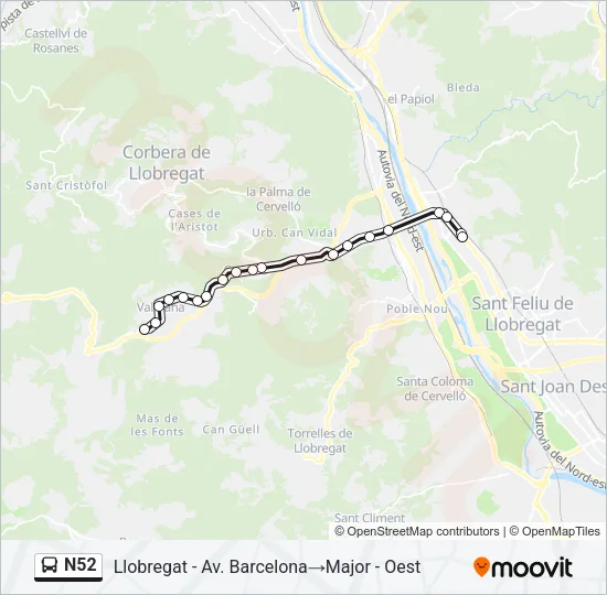 N52 Bus Line Map