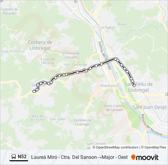 Mapa de N52 de autobús