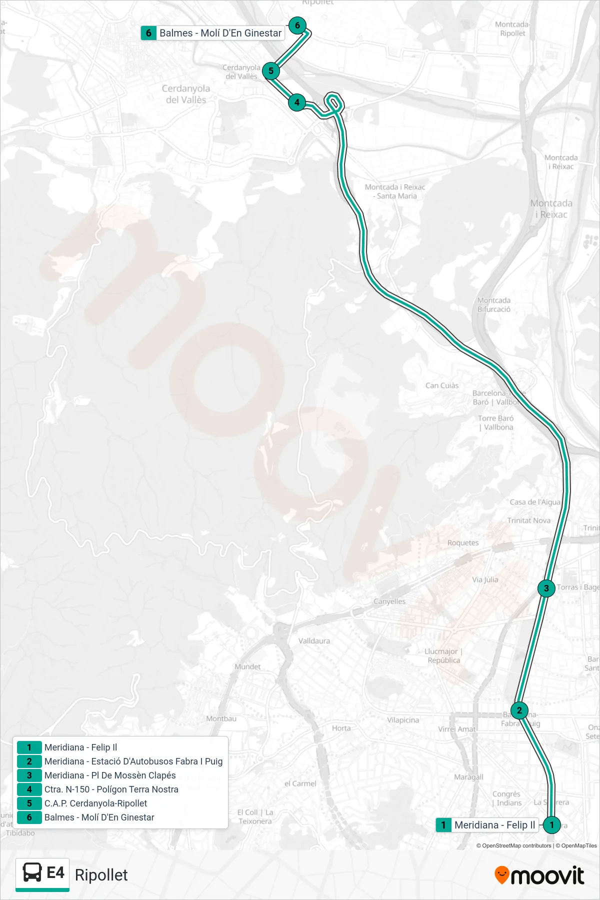 E4 bus Line (Ripollet) route and stops on a map