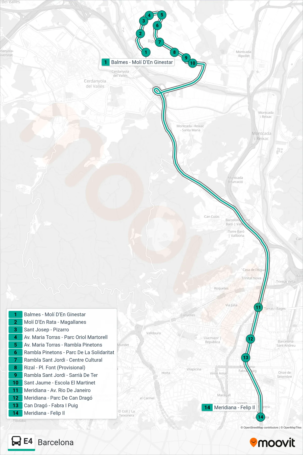 E4 bus Line (Barcelona) route and stops on a map