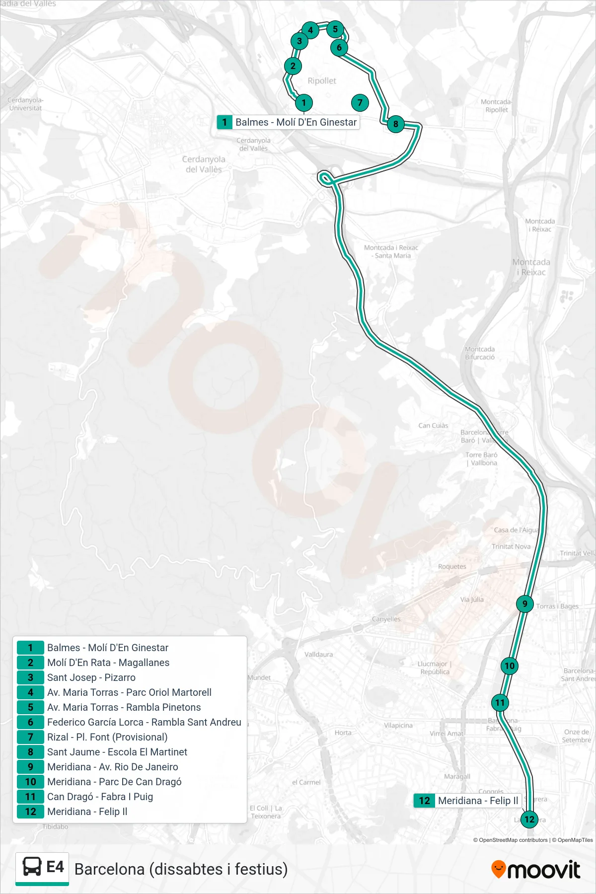 Recorrido y paradas de la línea E4 de autobús (Barcelona (dissabtes i festius)) en el mapa