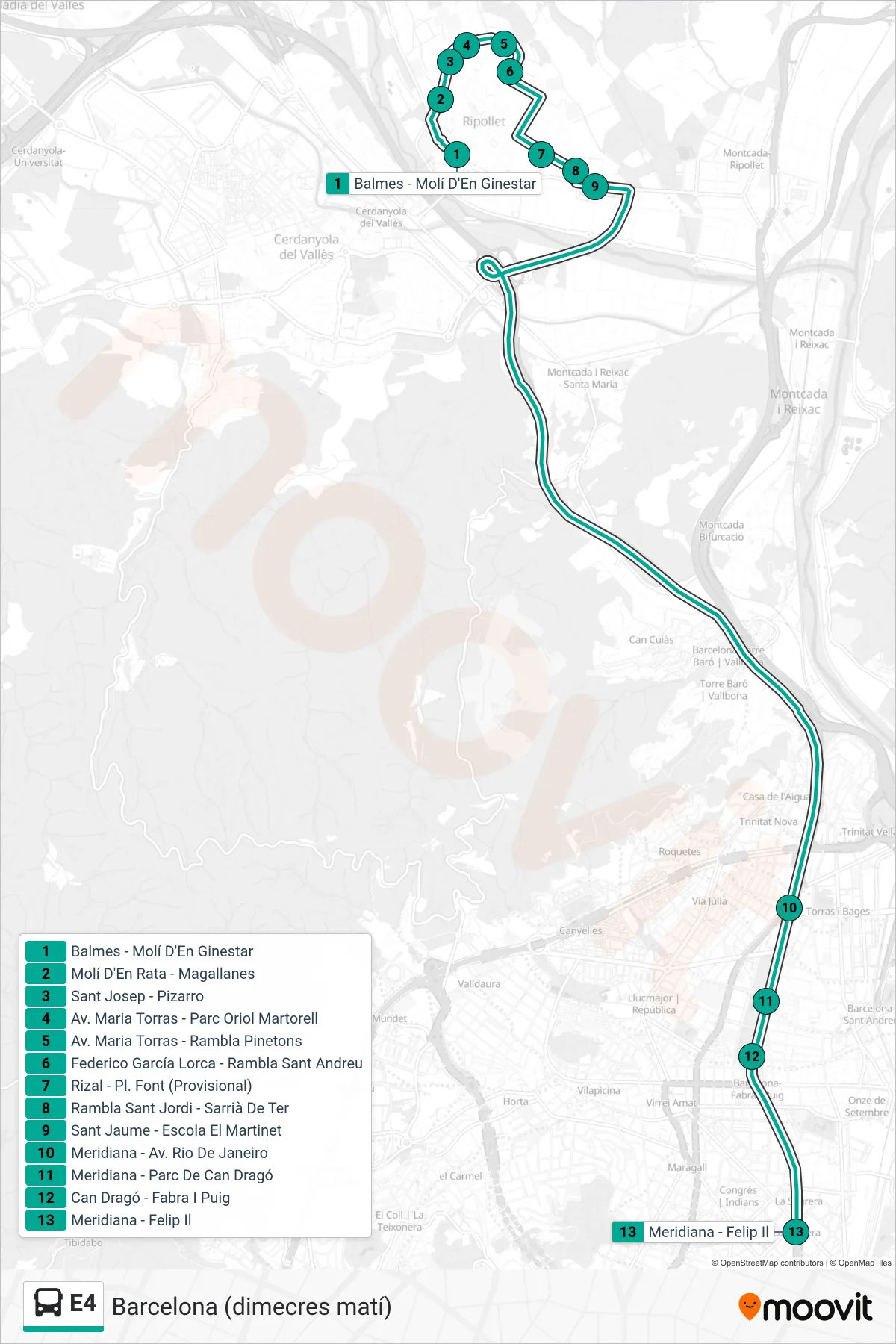 E4 bus Line (Barcelona (dimecres matí)) route and stops on a map