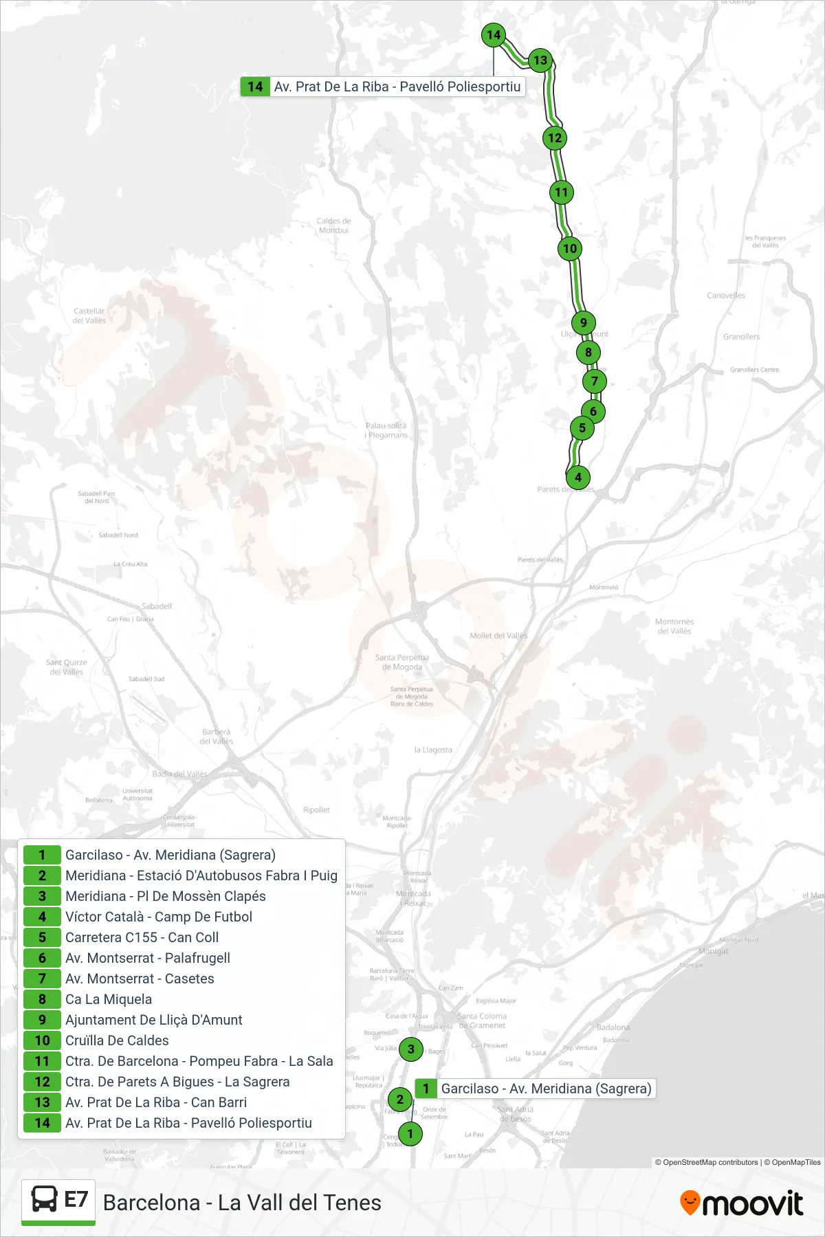 E7 bus Line (Av. Prat De La Riba - Pavelló Poliesportiu) route and stops on a map
