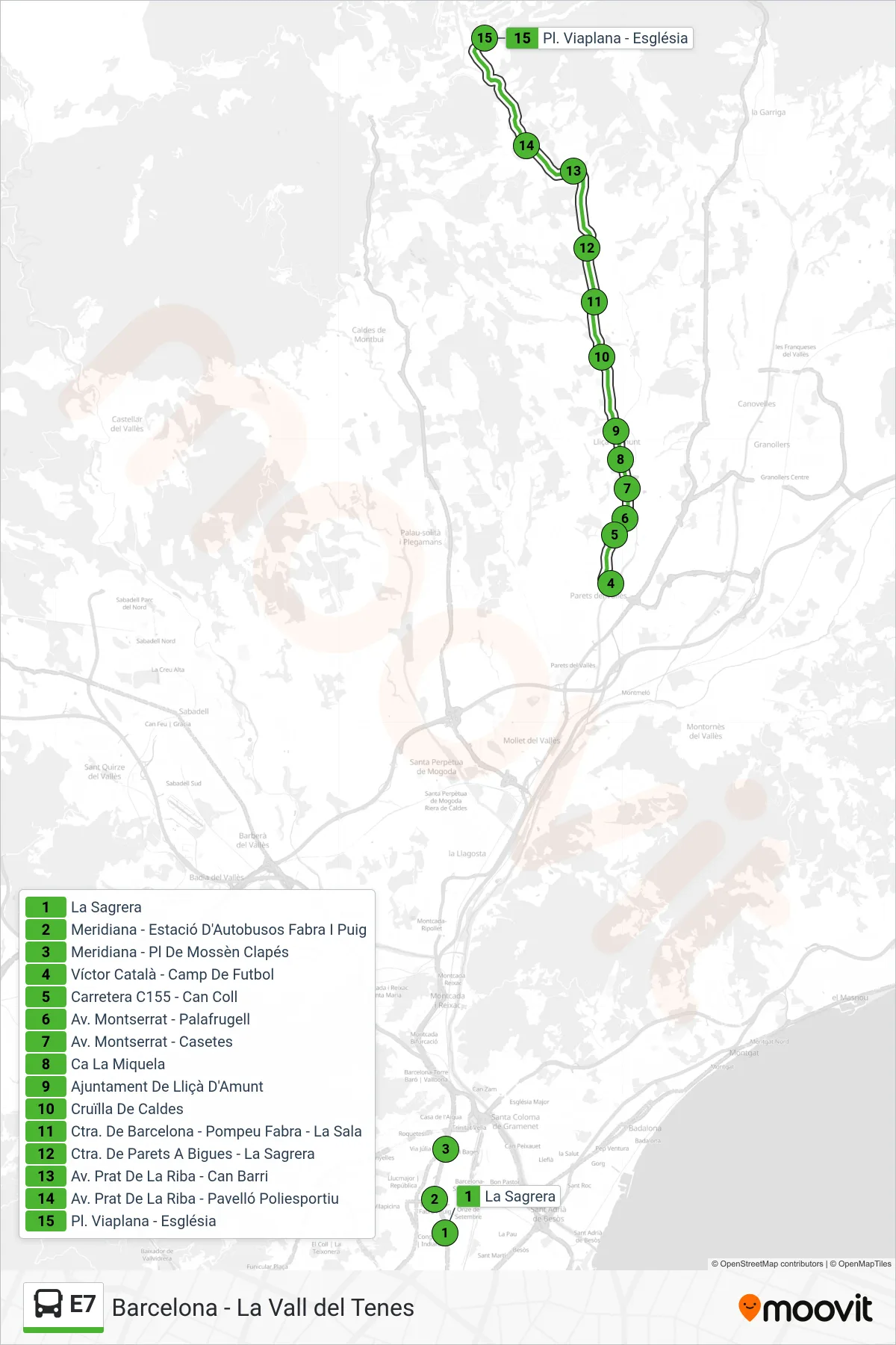 E7 bus Line (Pl. Viaplana - Església) route and stops on a map