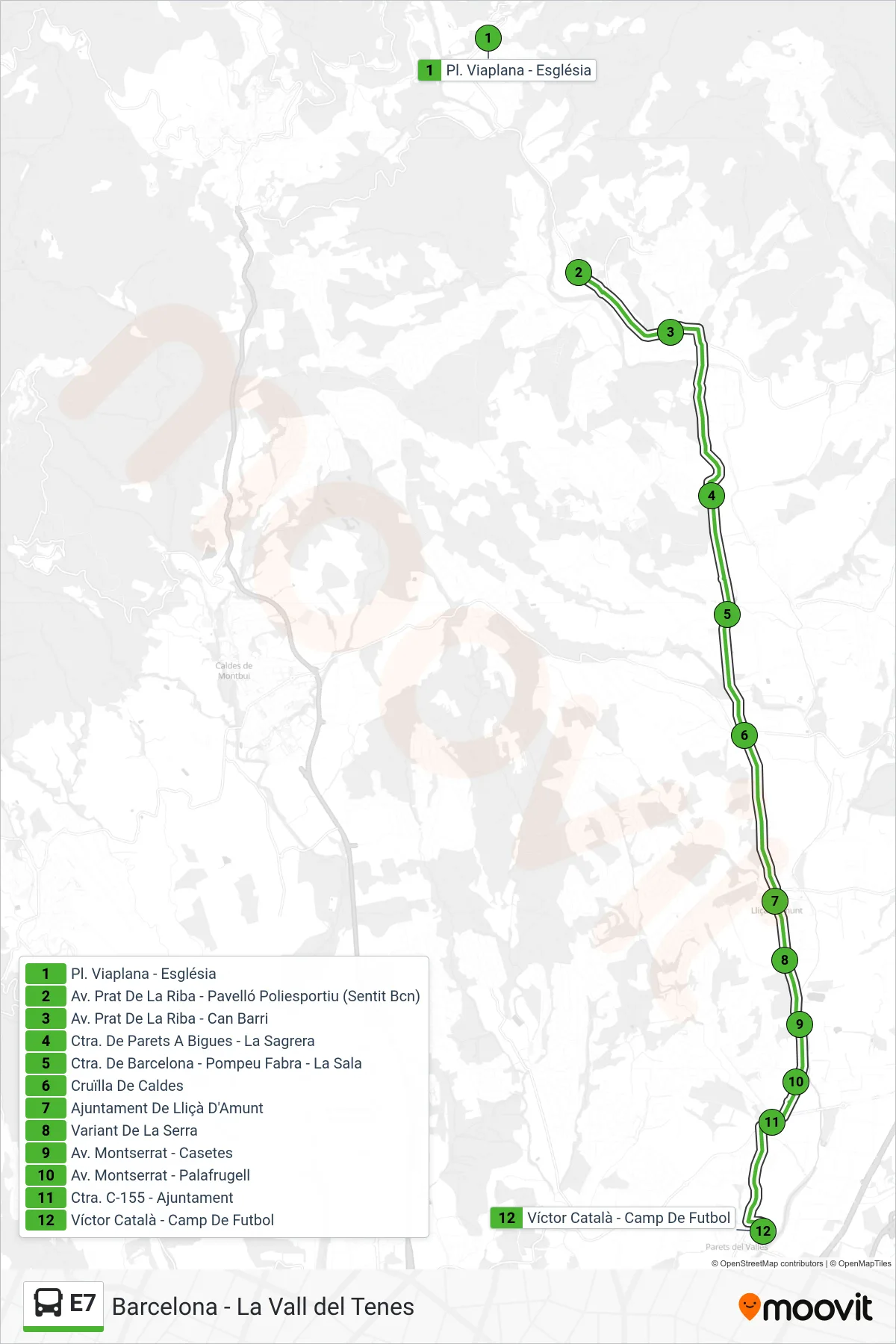 E7 bus Line (Víctor Català - Camp De Futbol) route and stops on a map