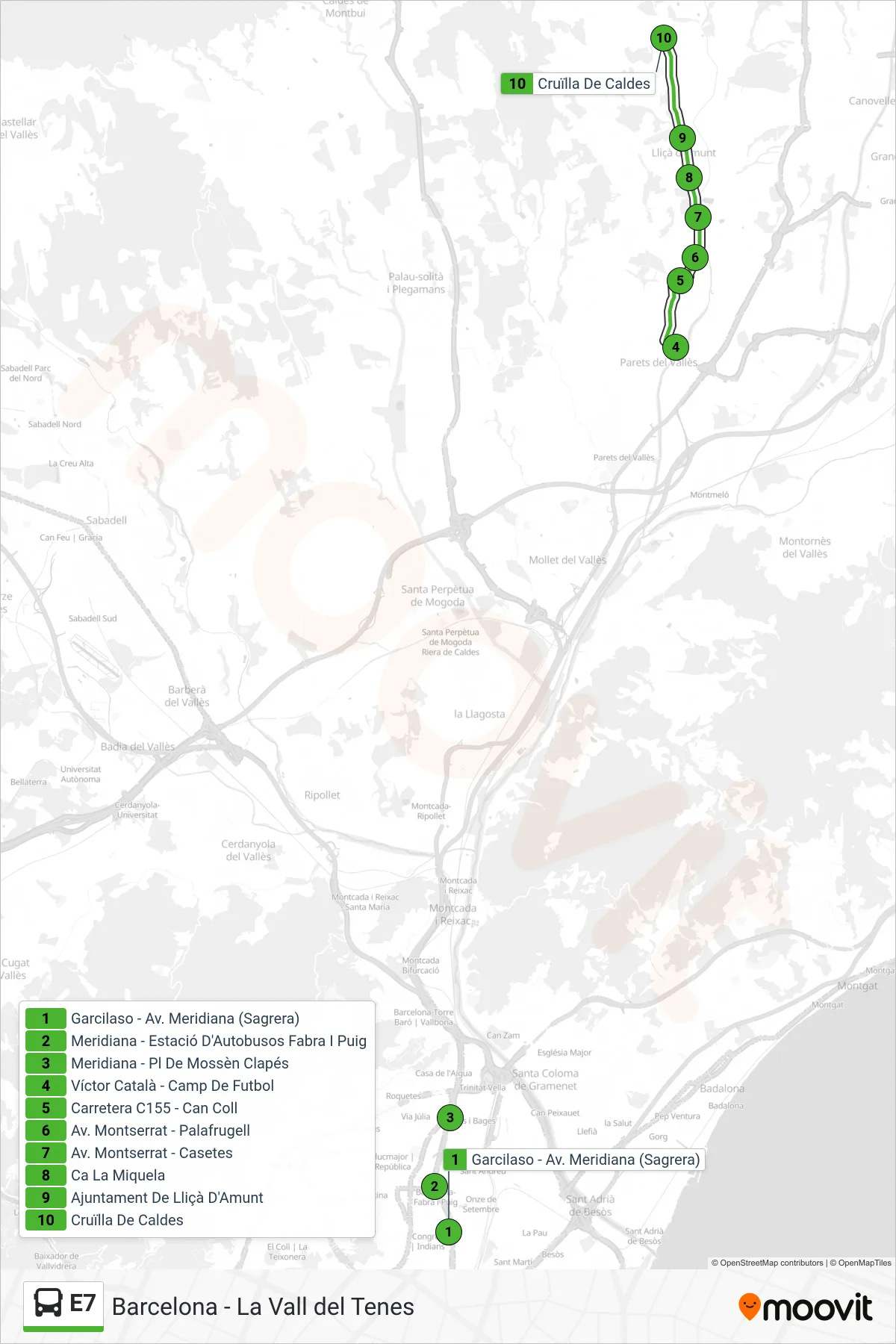 Ruta i parades de la línia E7 bus (Cruïlla De Caldes) en un mapa