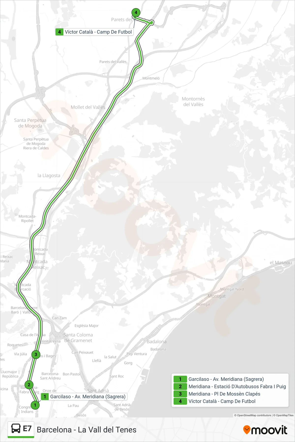 Ruta i parades de la línia E7 bus (Víctor Català - Camp De Futbol) en un mapa