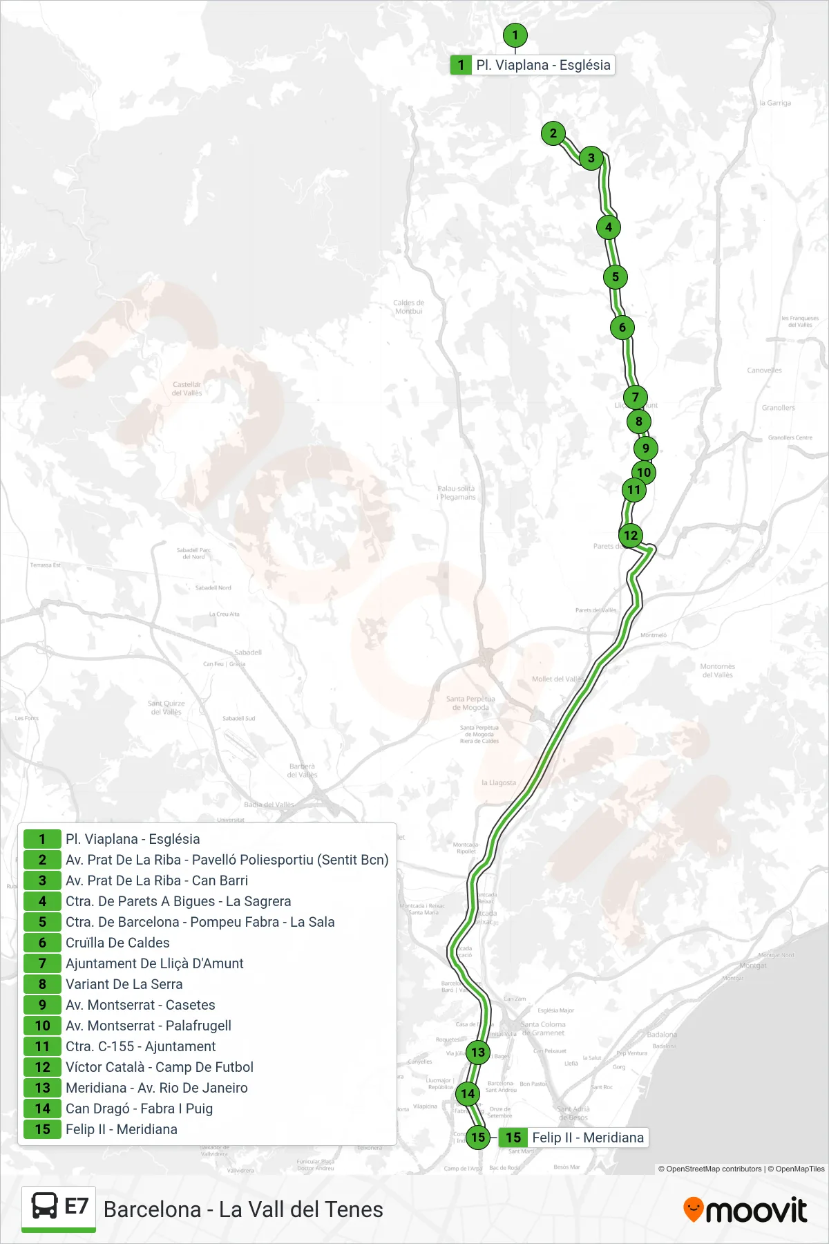 Recorrido y paradas de la línea E7 de autobús (Felip Ll - Juan De Garay (Sagrera)) en el mapa