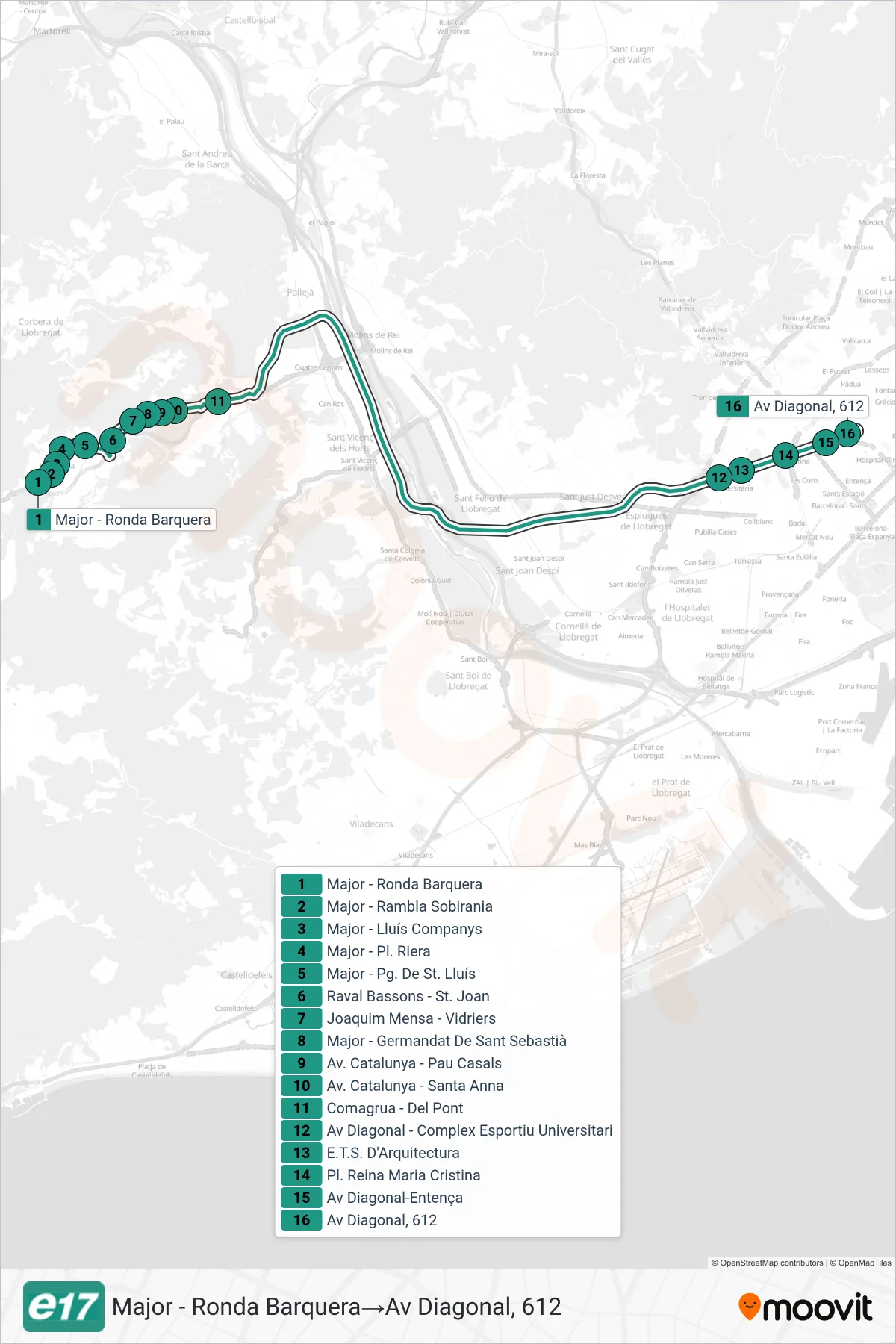 E17 bus Line (Major - Ronda Barquera→Av Diagonal, 612) route and stops on a map