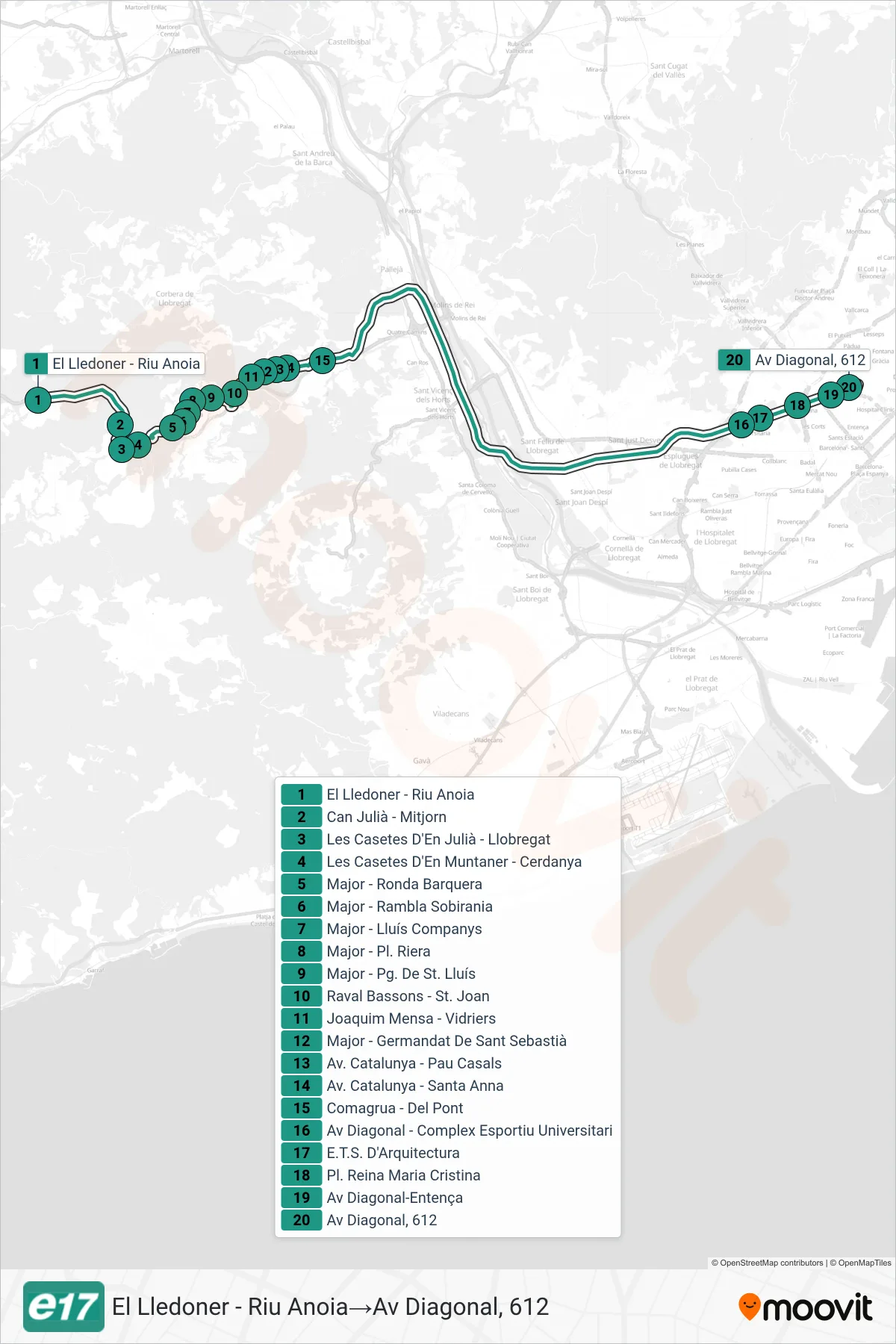 Recorrido y paradas de la línea E17 de autobús (El Lledoner - Riu Anoia‎→Av Diagonal, 612) en el mapa