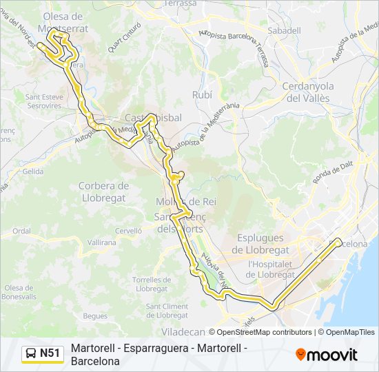 Mapa de N51 de autobús