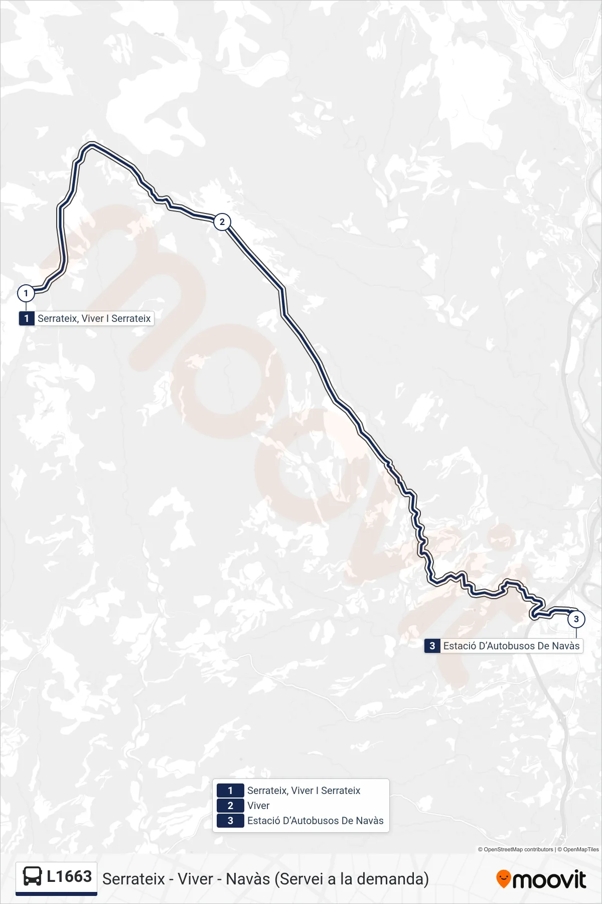 L1663 bus Line (Navàs) route and stops on a map