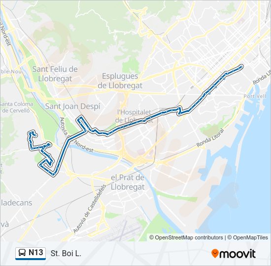 Mapa de N13 de autobús