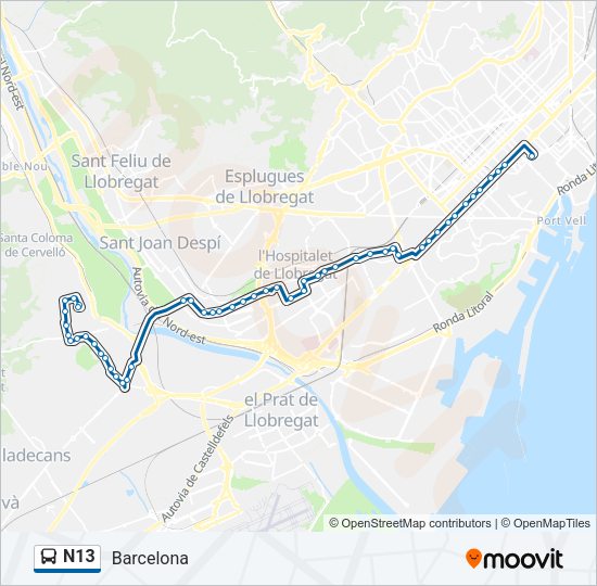 Mapa de N13 de autobús