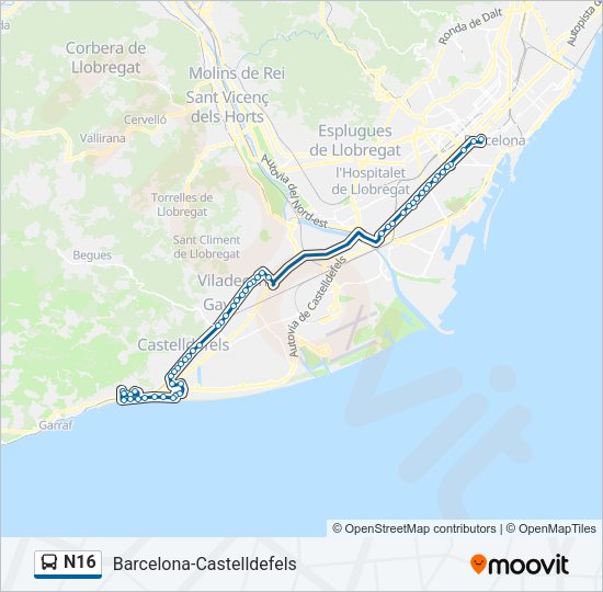 Mapa de N16 de autobús