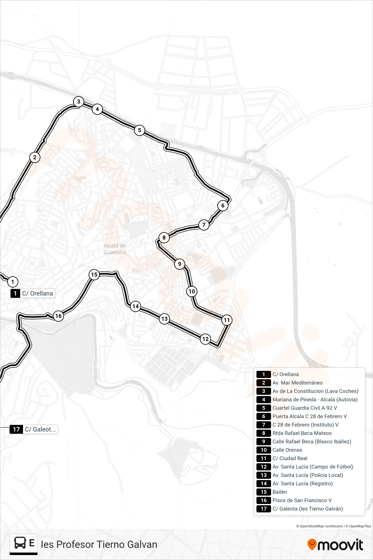 E bus Line (Ies Profesor Tierno Galvan) route and stops on a map