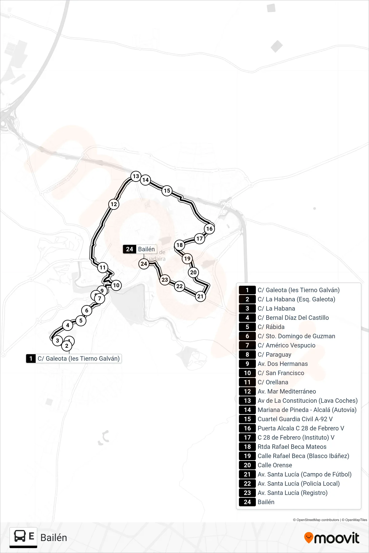 Recorrido y paradas de la línea E de autobús (Bailén) en el mapa
