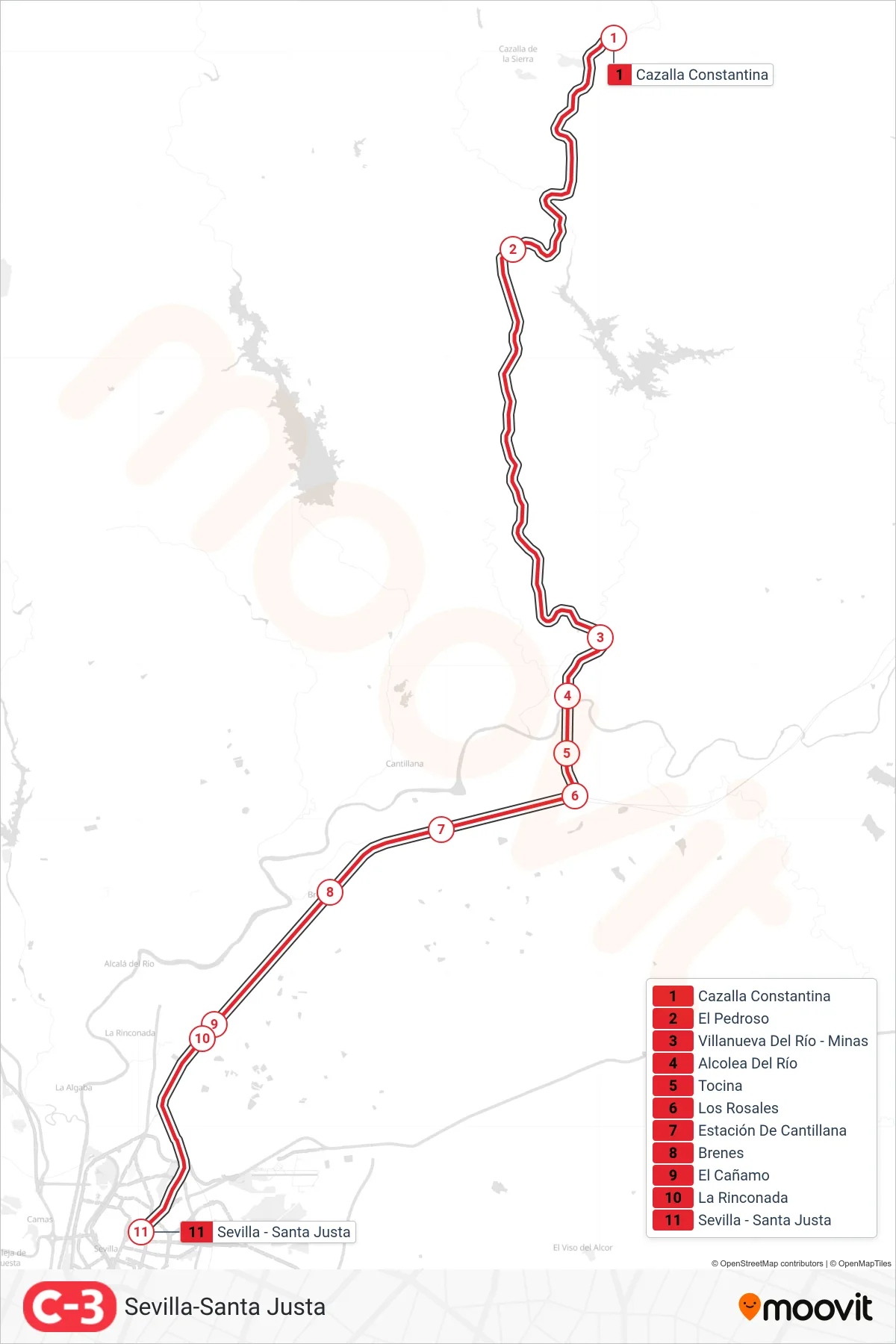 Recorrido y paradas de la línea C3 de tren (Sevilla-Santa Justa) en el mapa