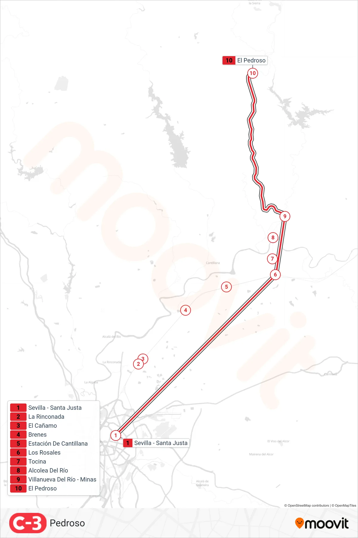 Ruta i parades de la línia C3 rail (Pedroso) en un mapa