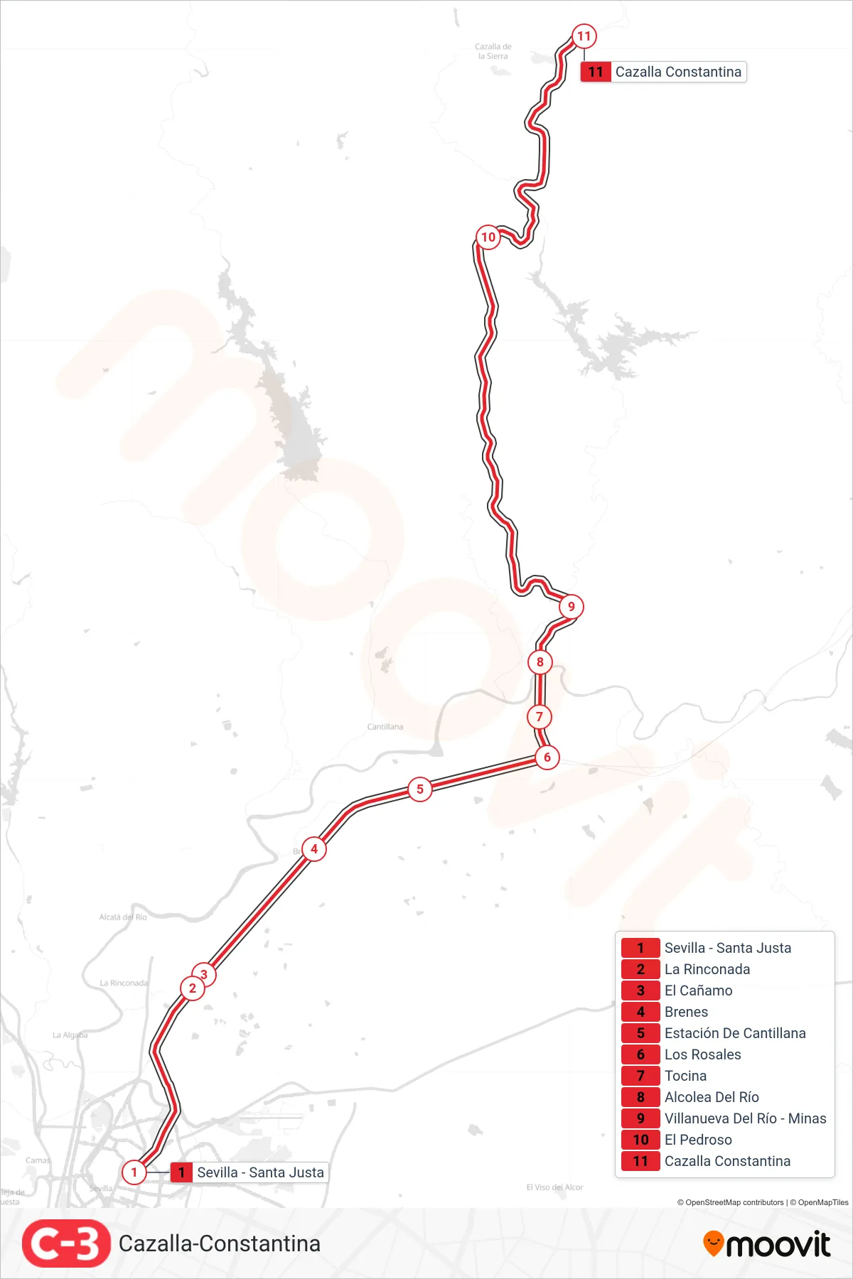Ruta i parades de la línia C3 rail (Cazalla-Constantina) en un mapa