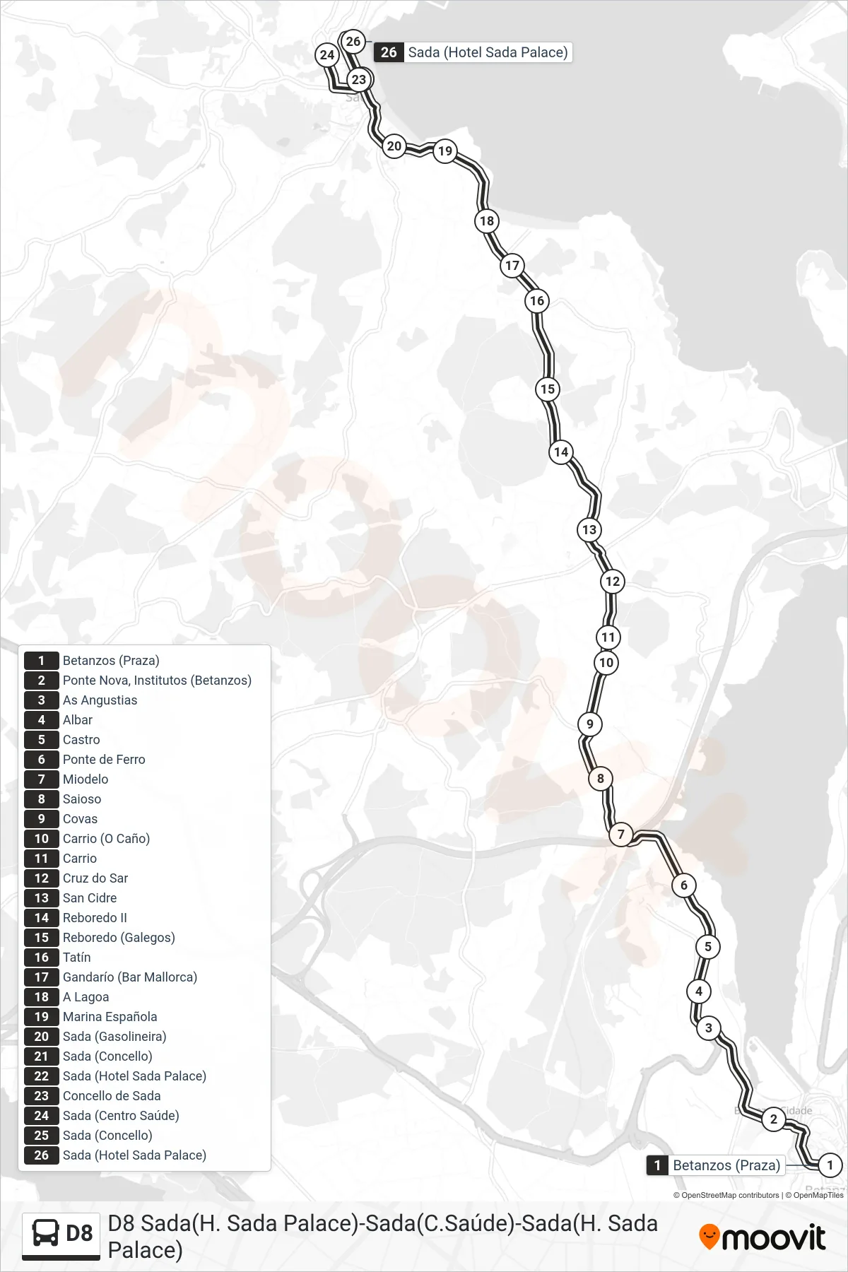 D8 bus Line (Sada (Hotel Sada Palace)) route and stops on a map