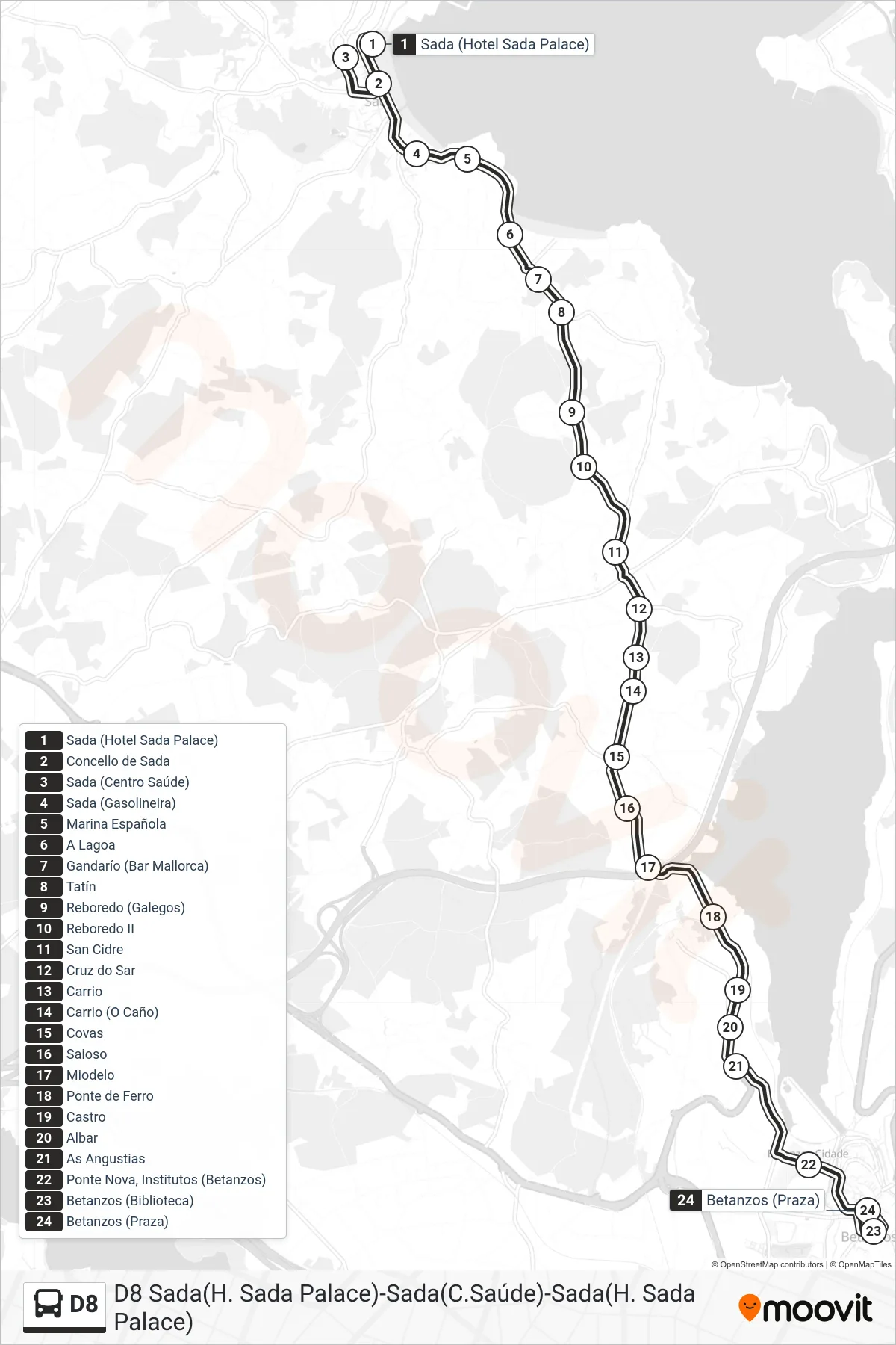 Recorrido y paradas de la línea D8 de autobús (Betanzos) en el mapa
