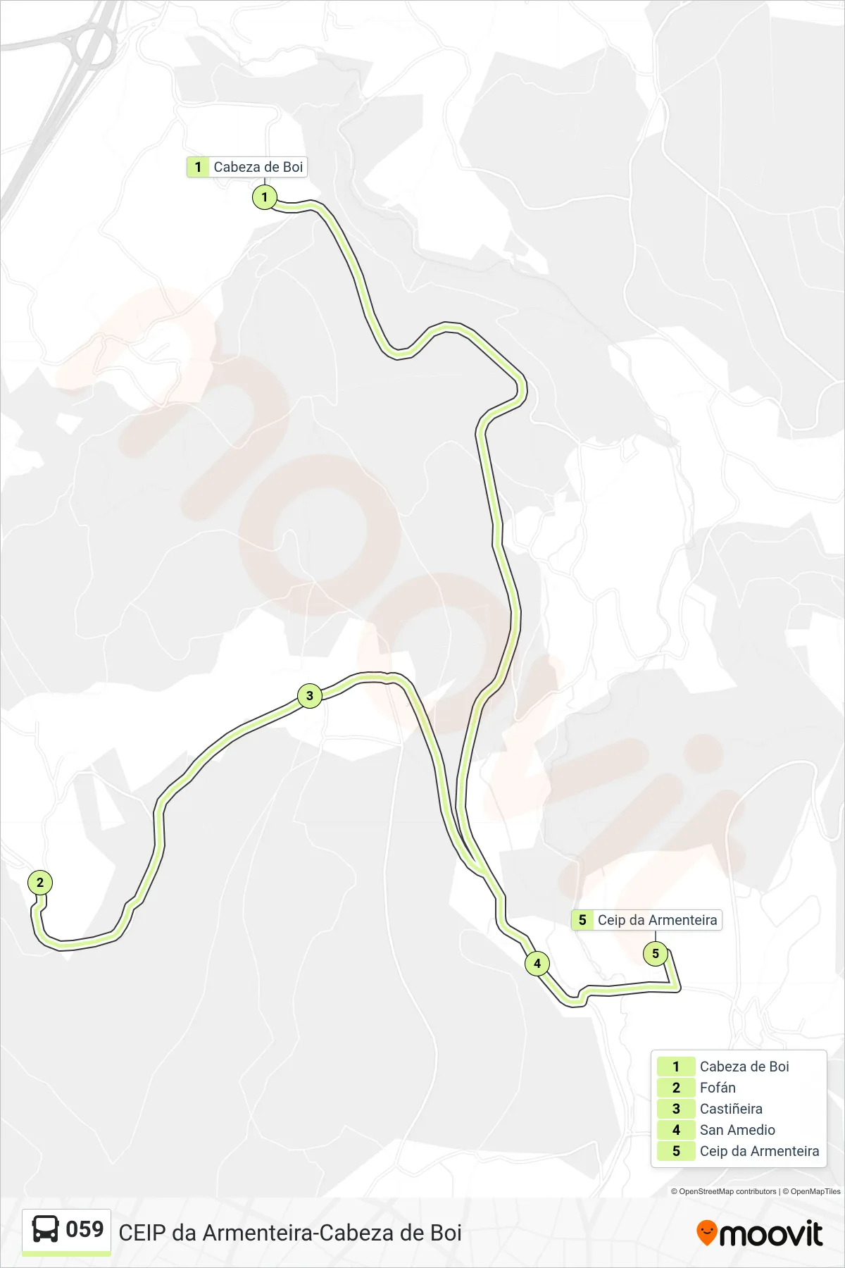 Recorrido y paradas de la línea 059 de autobús (Ceip da Armenteira) en el mapa