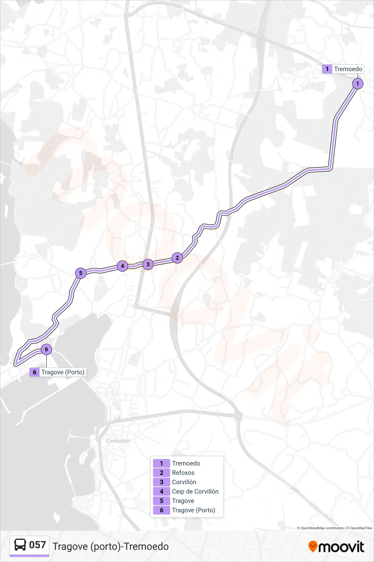 Recorrido y paradas de la línea 057 de autobús (Tragove (Porto)) en el mapa