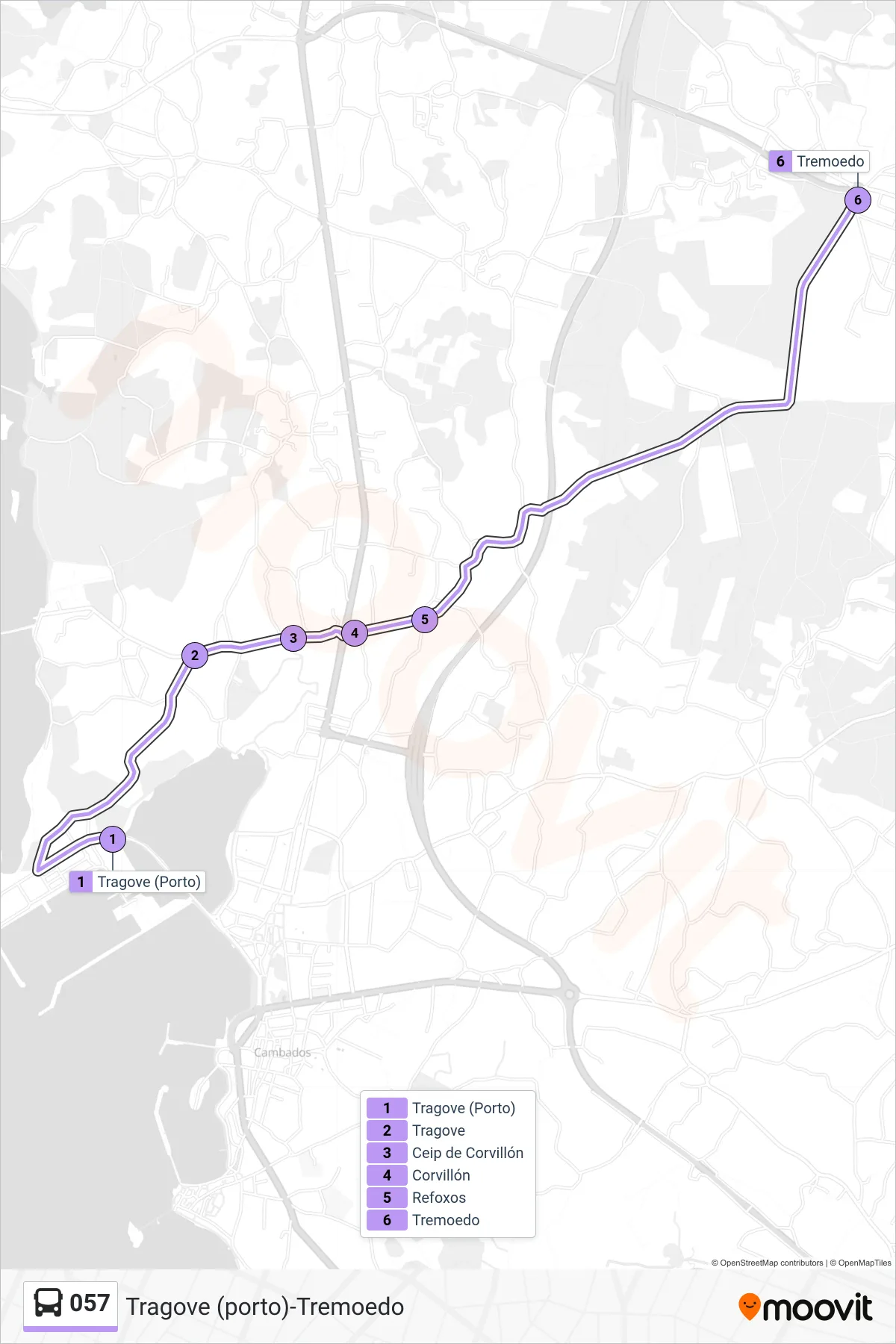 Recorrido y paradas de la línea 057 de autobús (Tremoedo) en el mapa
