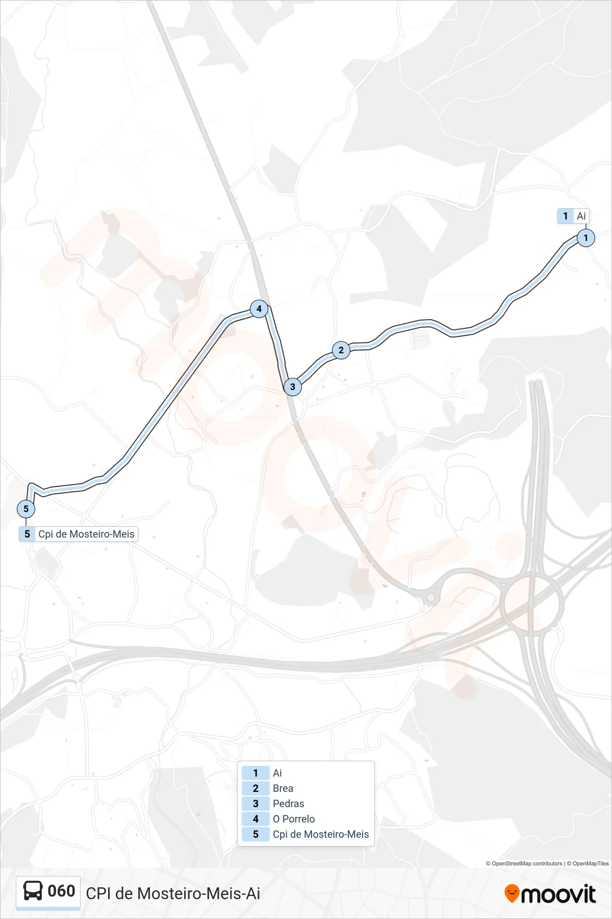 Recorrido y paradas de la línea 060 de autobús (Cpi de Mosteiro-Meis) en el mapa