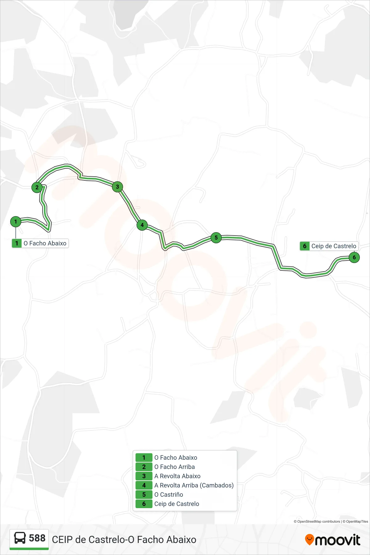 Recorrido y paradas de la línea 588 de autobús (Ceip de Castrelo) en el mapa