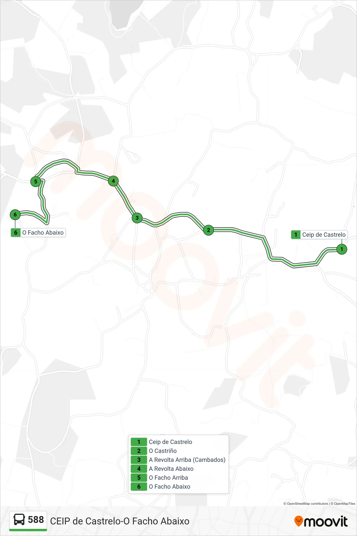 588 bus Line (O Facho Abaixo) route and stops on a map
