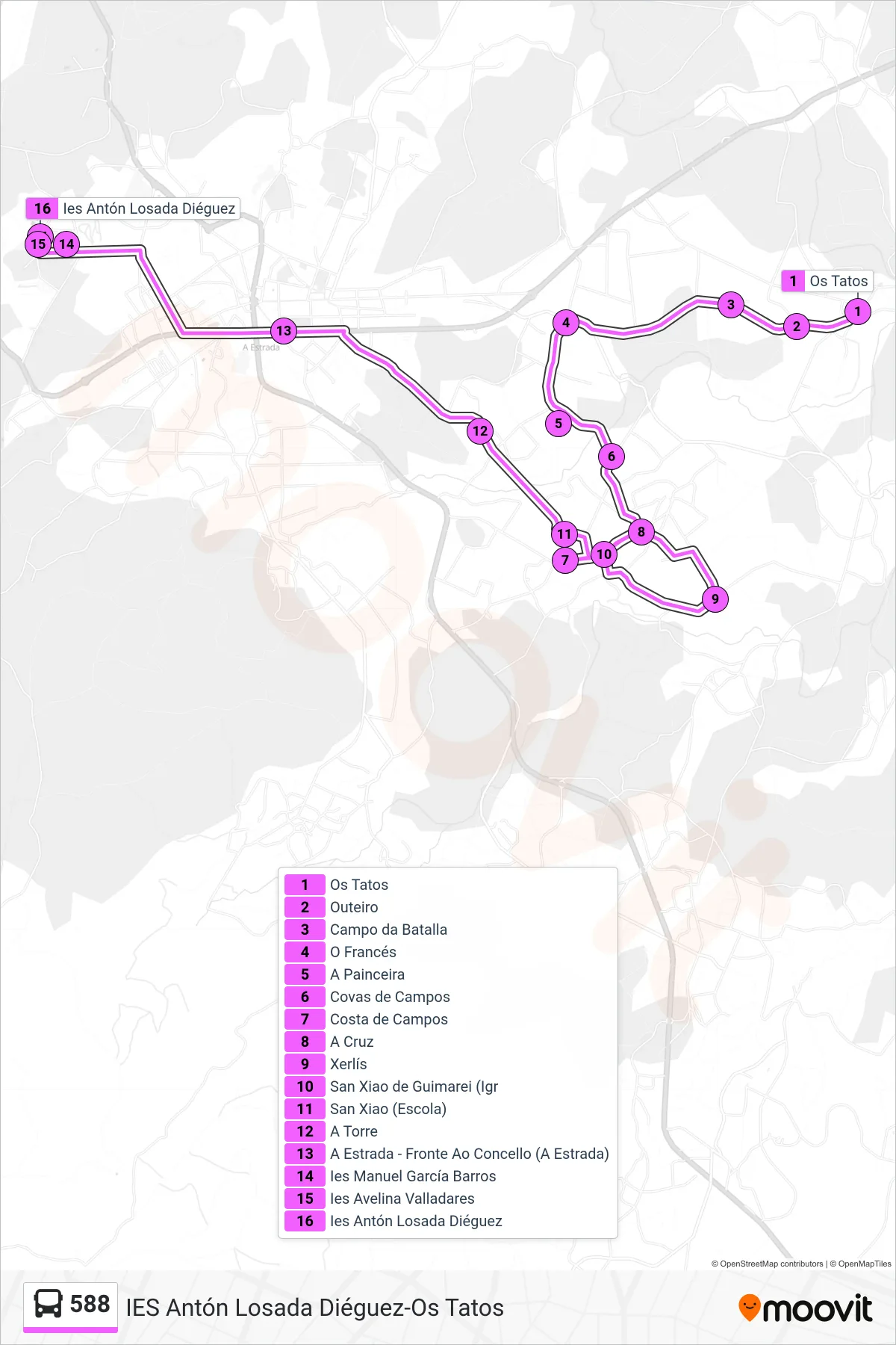 Ruta i parades de la línia 588 bus (Ies Antón Losada Diéguez) en un mapa