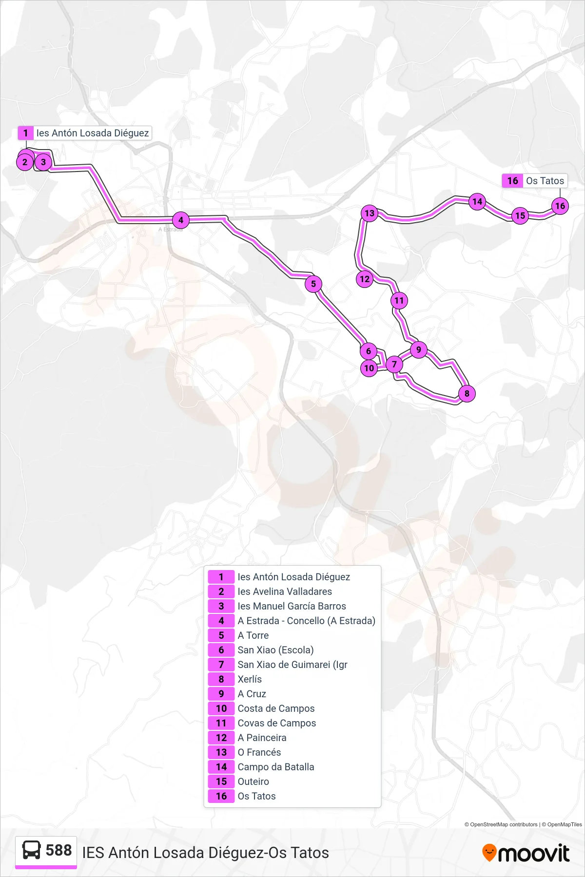 Recorrido y paradas de la línea 588 de autobús (Os Tatos) en el mapa