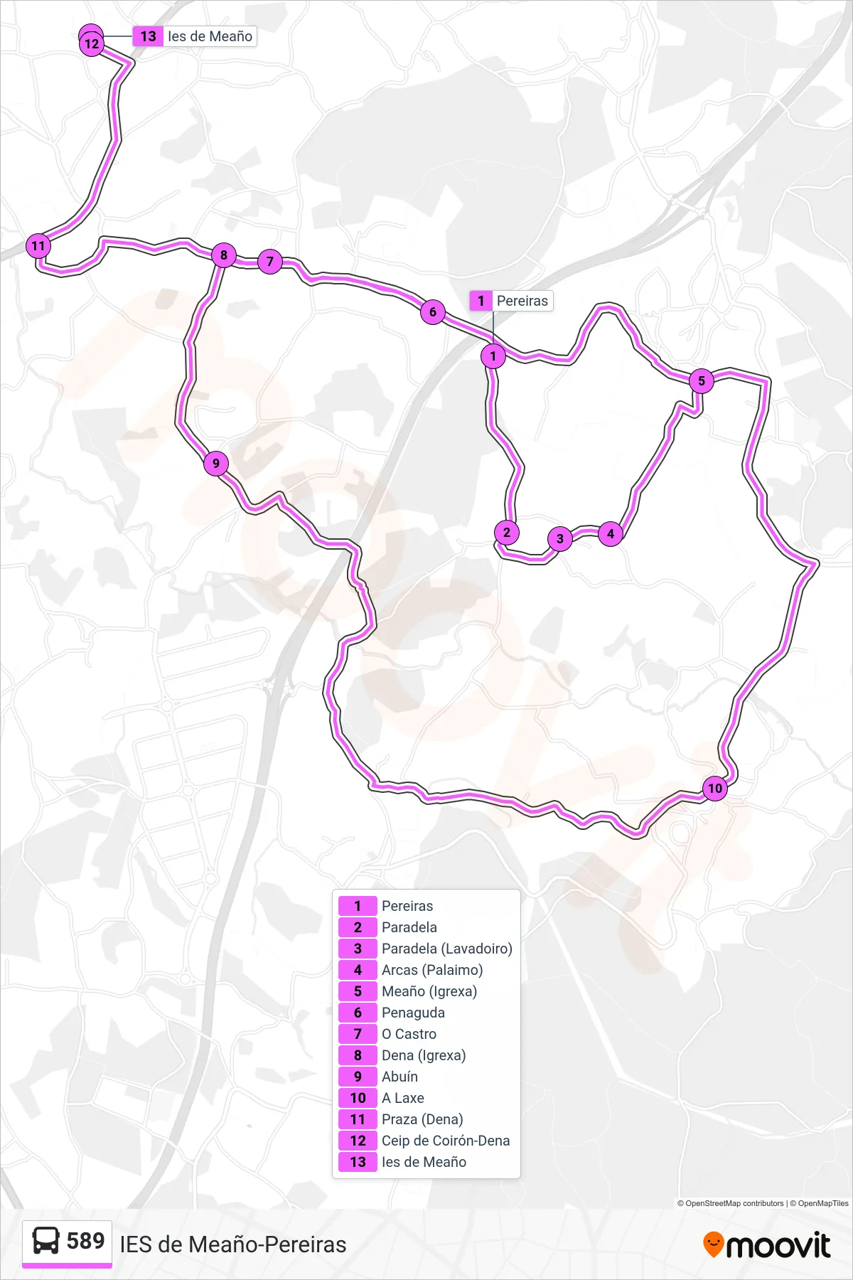 Recorrido y paradas de la línea 589 de autobús (Ies de Meaño) en el mapa