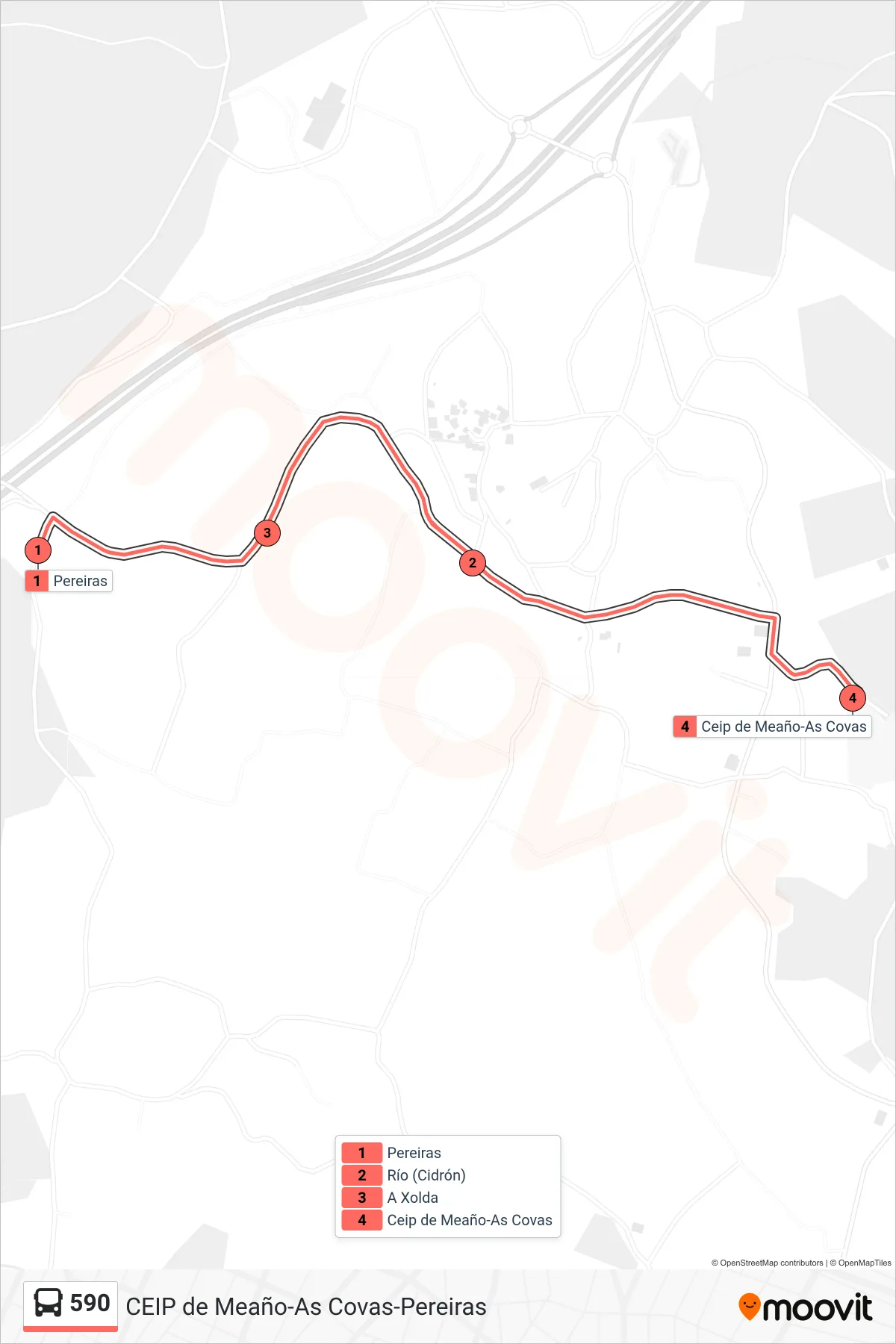 Recorrido y paradas de la línea 590 de autobús (Ceip de Meaño-As Covas) en el mapa