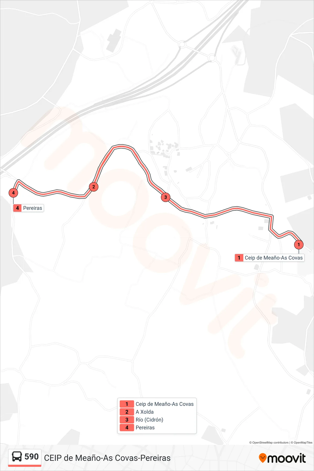 Ruta i parades de la línia 590 bus (Pereiras) en un mapa