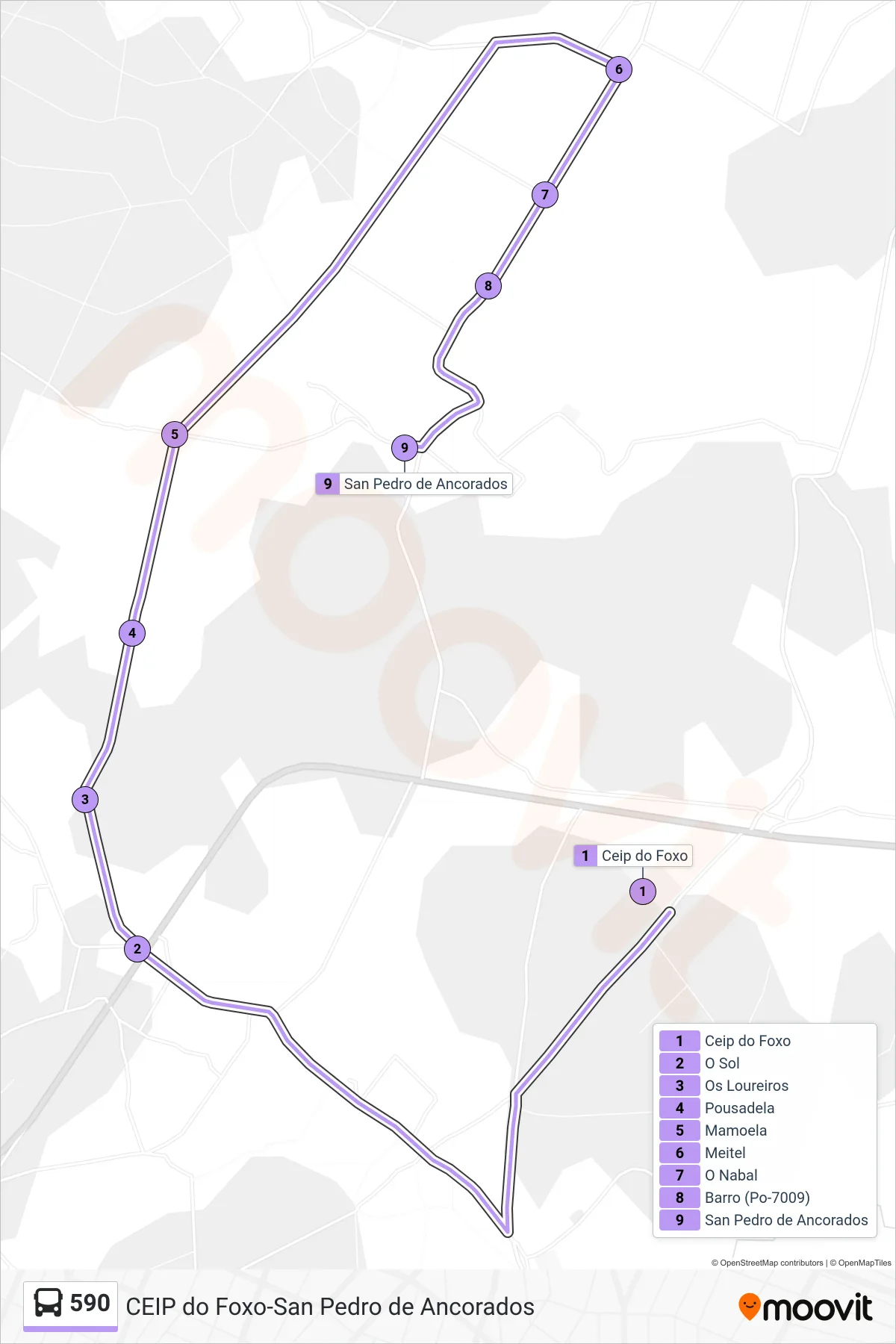 590 bus Line (San Pedro de Ancorados) route and stops on a map