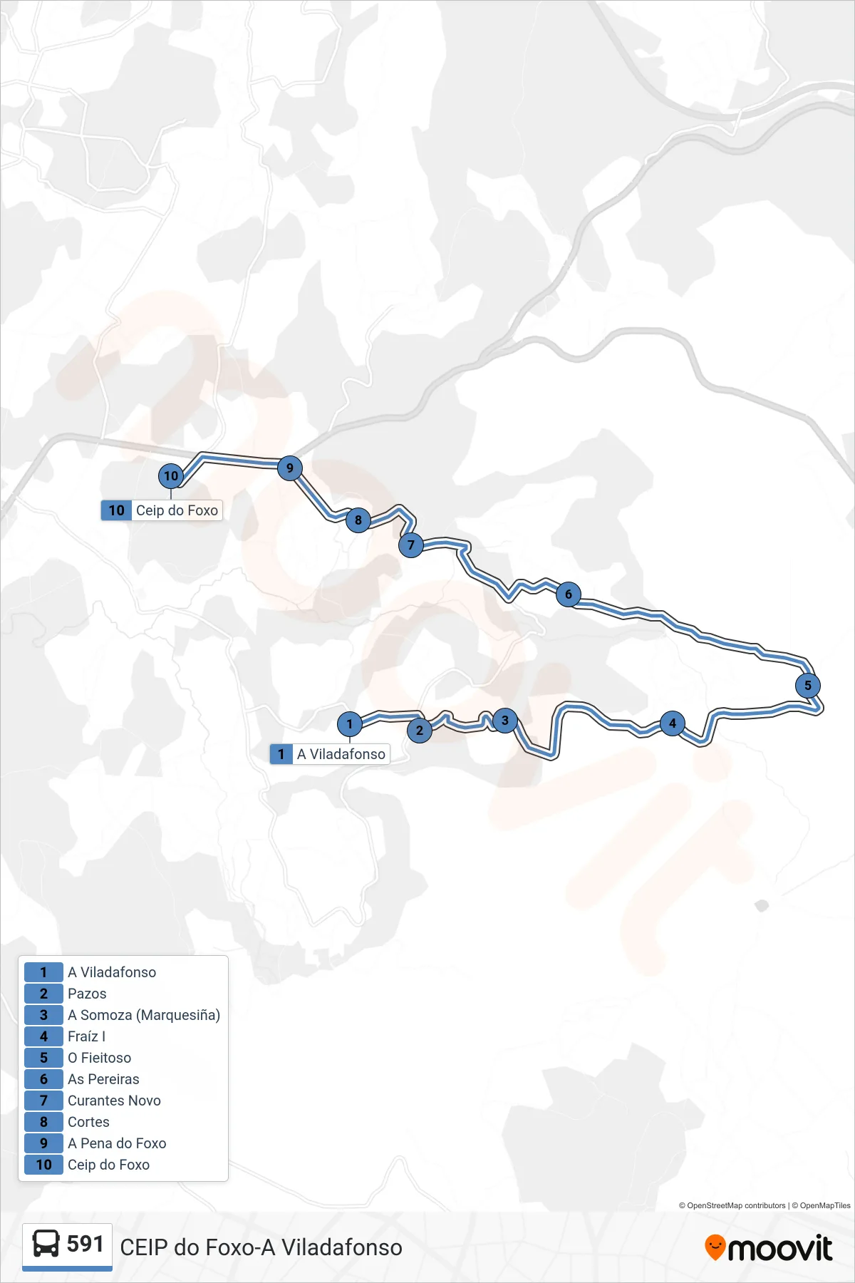 Recorrido y paradas de la línea 591 de autobús (Ceip do Foxo) en el mapa