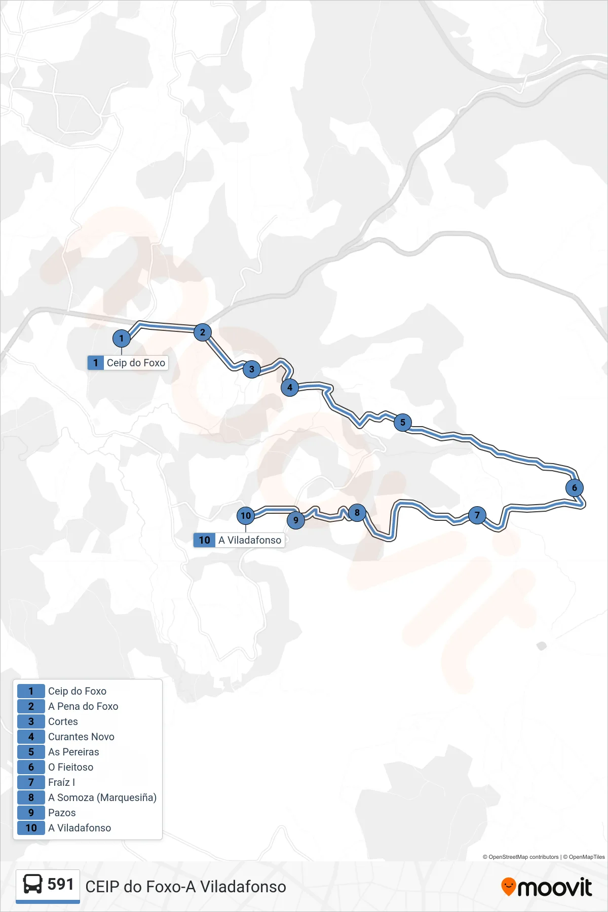 Recorrido y paradas de la línea 591 de autobús (A Viladafonso) en el mapa