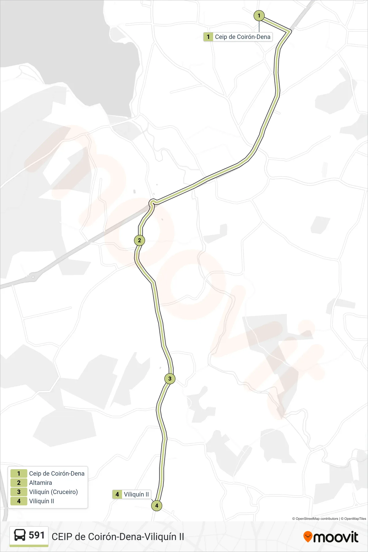 Recorrido y paradas de la línea 591 de autobús (Viliquín II) en el mapa