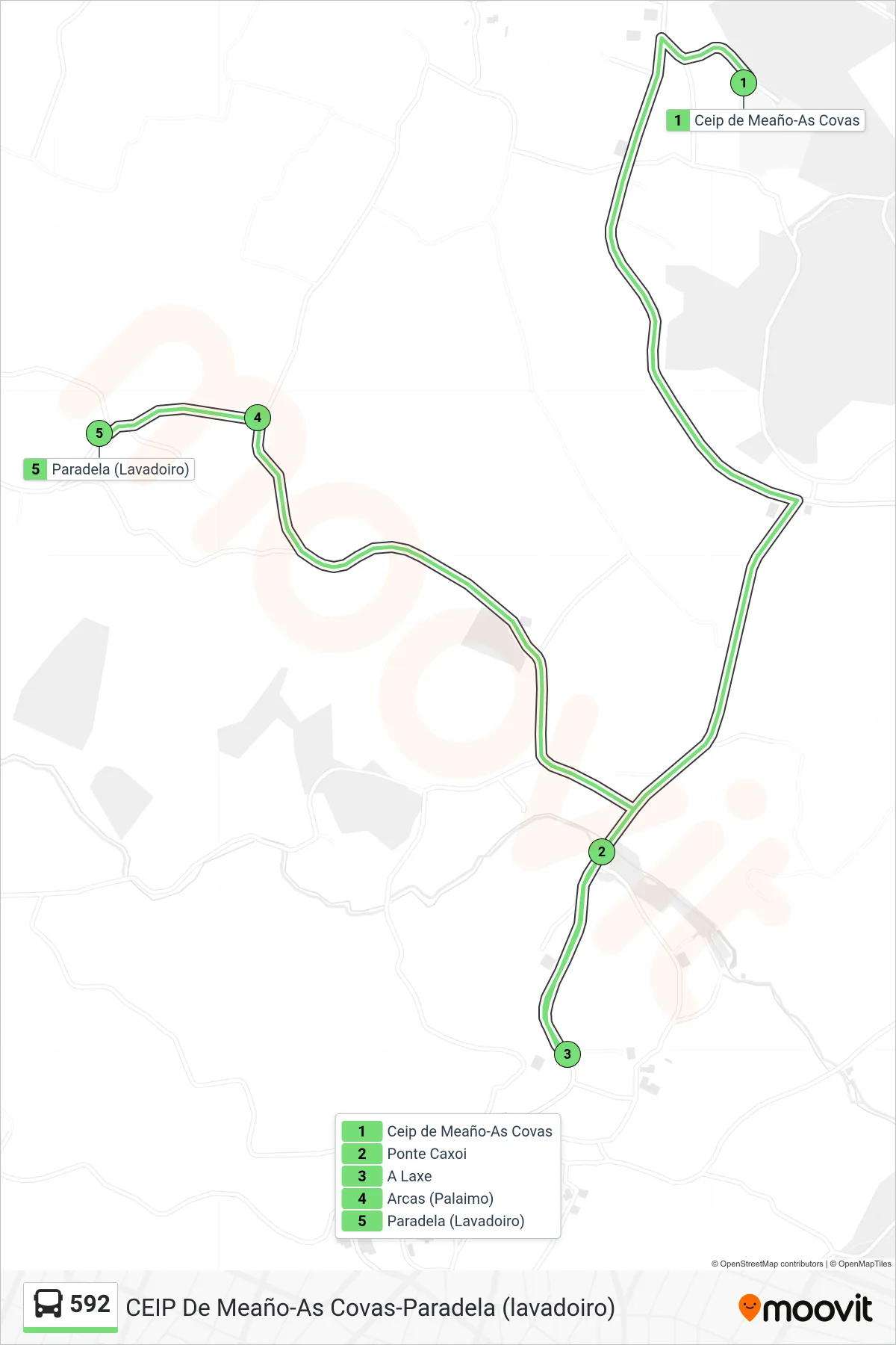 Recorrido y paradas de la línea 592 de autobús (Paradela (Lavadoiro)) en el mapa