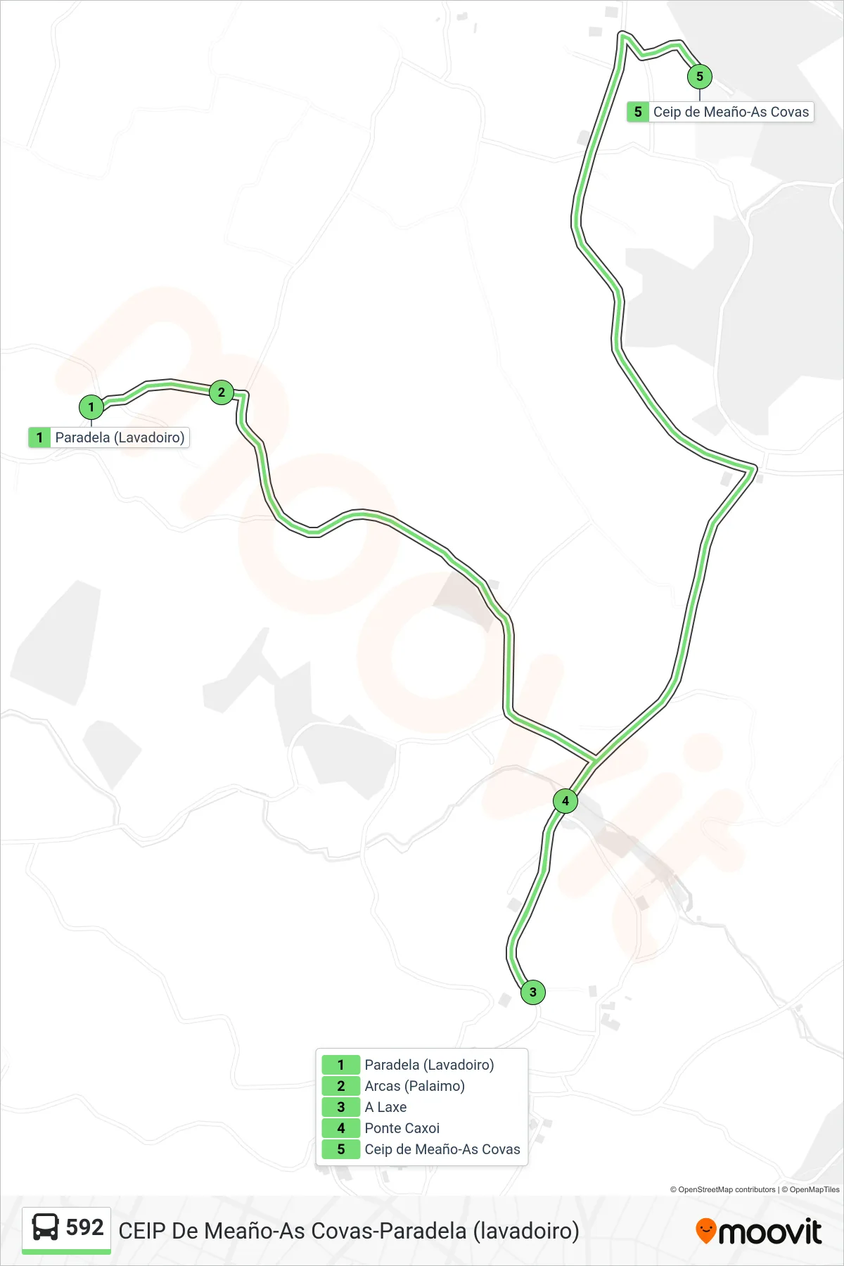 Recorrido y paradas de la línea 592 de autobús (Ceip de Meaño-As Covas) en el mapa